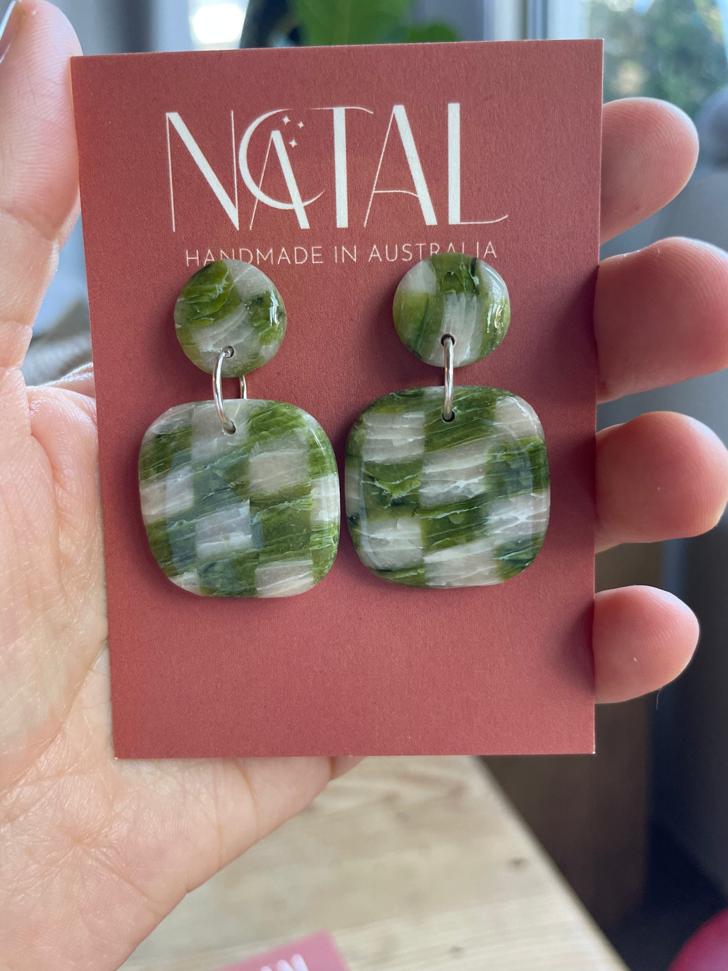 "Green checkerboard Square dangle"